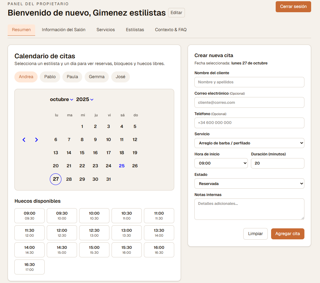 Panel de administración - Vista del calendario de citas